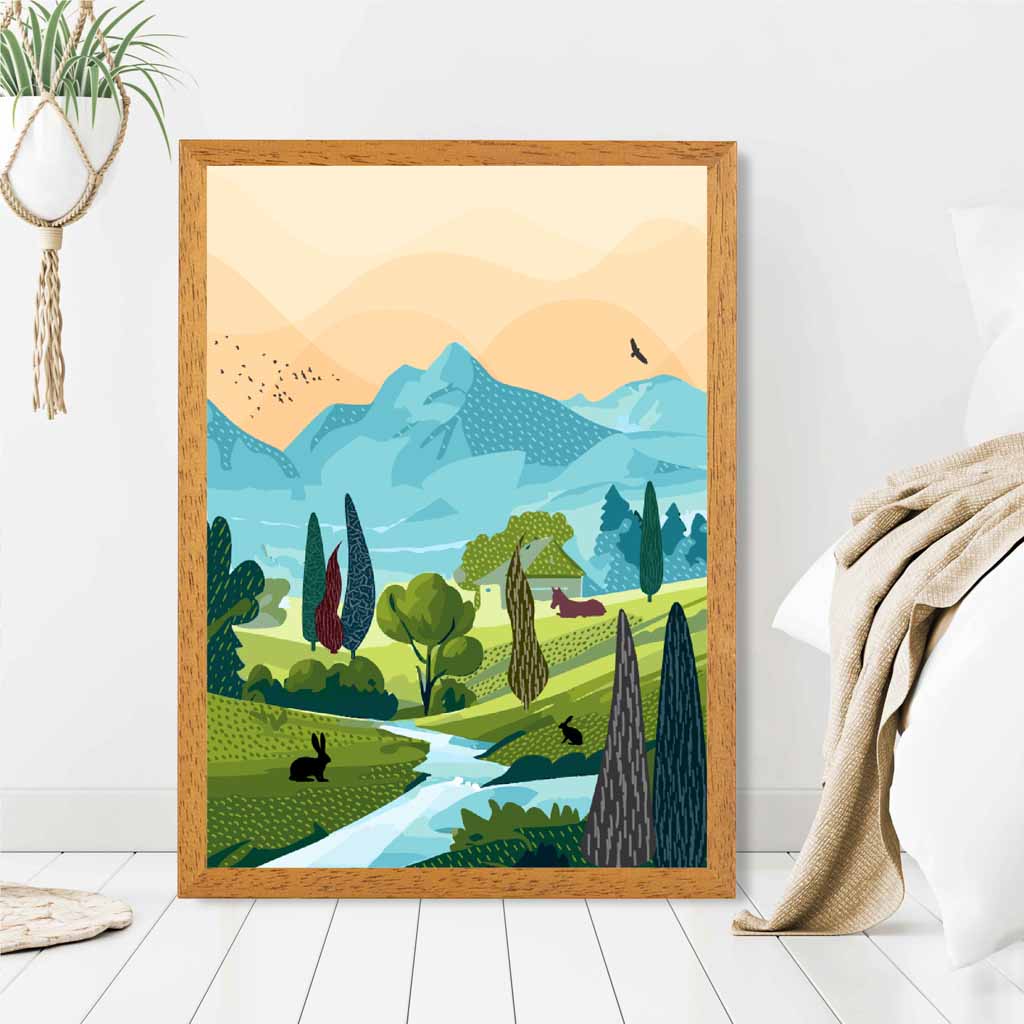 Graphical Blue, Green Forest Stream Art Poster | Wall Art Plaza