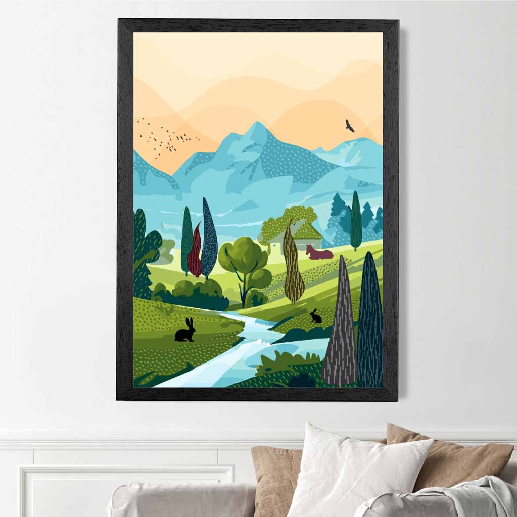 Graphical Blue, Green Forest Stream Art Poster | Wall Art Plaza