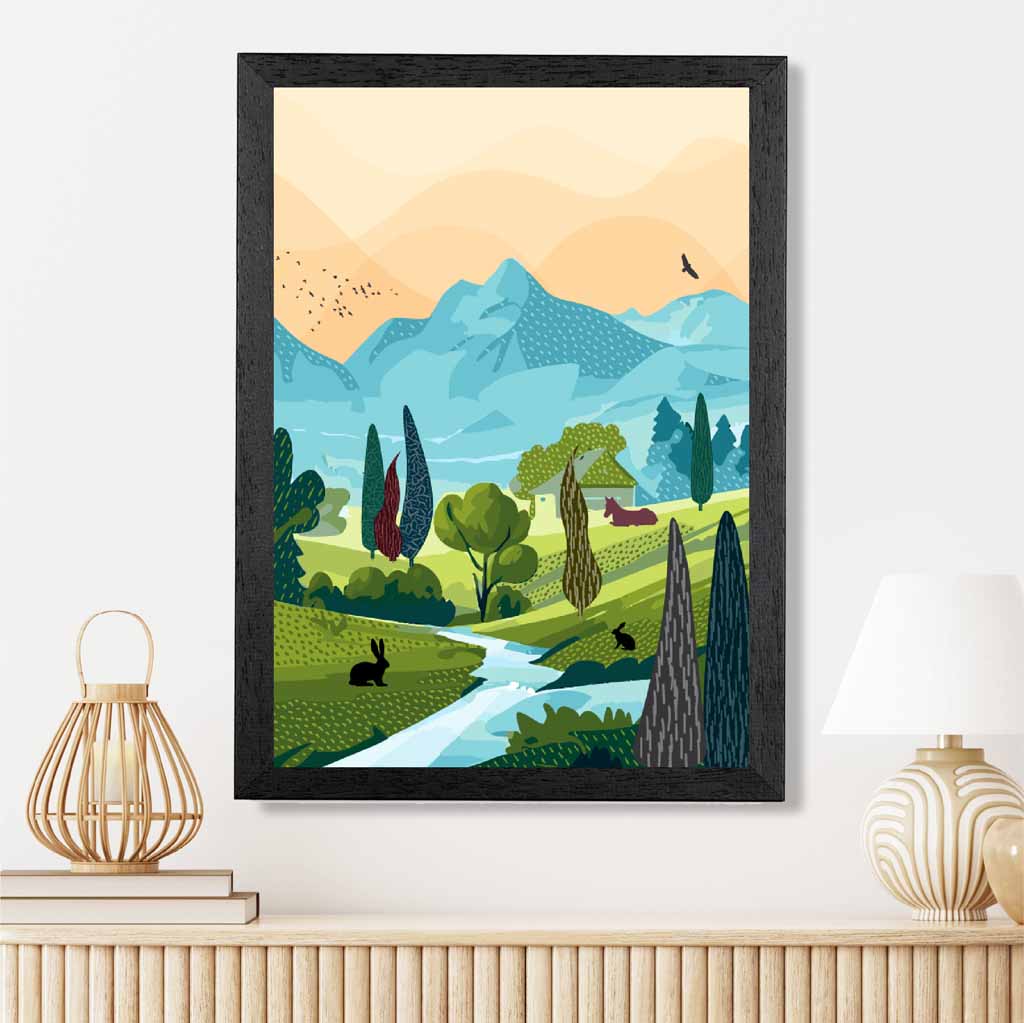 Graphical Blue, Green Forest Stream Art Poster | Wall Art Plaza