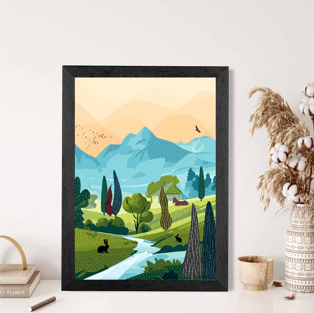 Graphical Blue, Green Forest Stream Art Poster | Wall Art Plaza