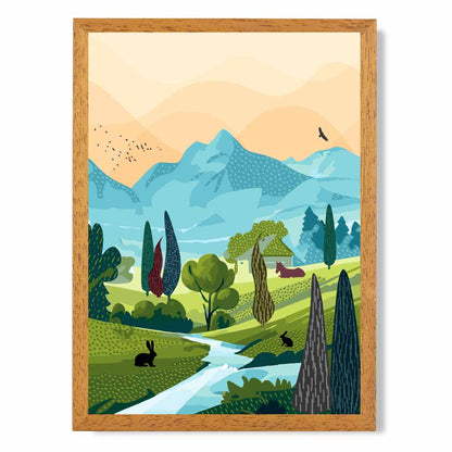 Graphical Blue, Green Forest Stream Art Poster | Wall Art Plaza