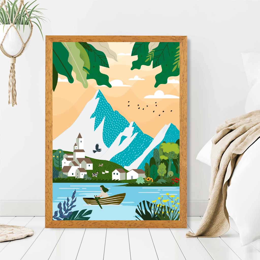 Graphical Modern Blue, Green Alpine Lake Art Poster | Wall Art Plaza