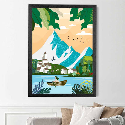 Graphical Modern Blue, Green Alpine Lake Art Poster | Wall Art Plaza