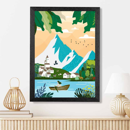 Graphical Modern Blue, Green Alpine Lake Art Poster | Wall Art Plaza