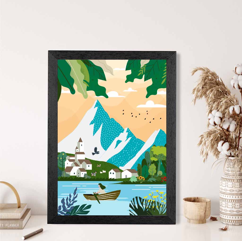 Graphical Modern Blue, Green Alpine Lake Art Poster | Wall Art Plaza