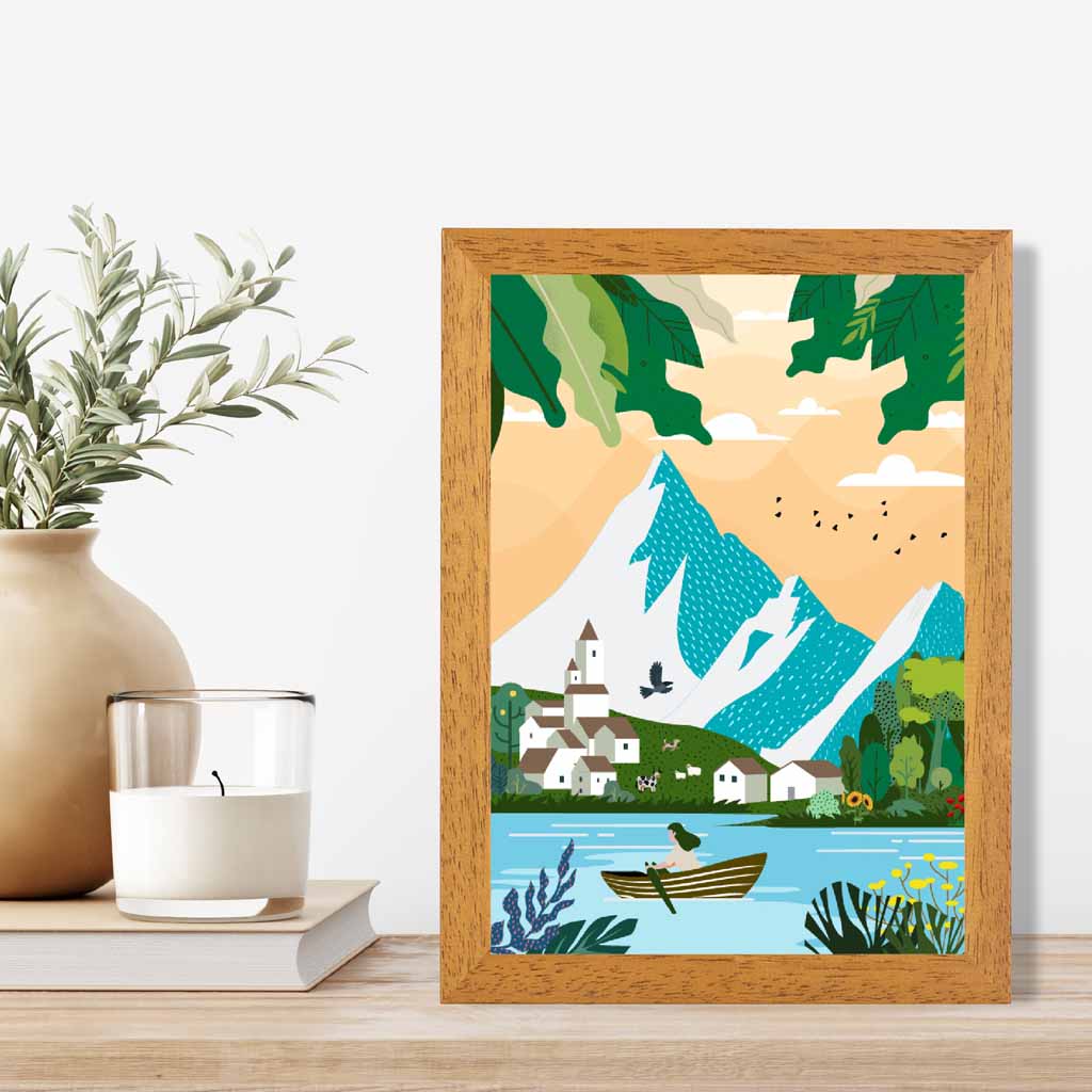 Graphical Modern Blue, Green Alpine Lake Art Poster | Wall Art Plaza