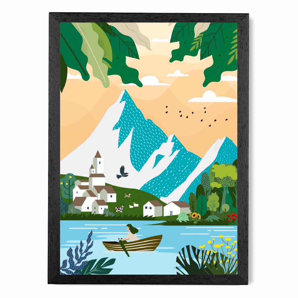 Graphical Modern Blue, Green Alpine Lake Art Poster | Wall Art Plaza