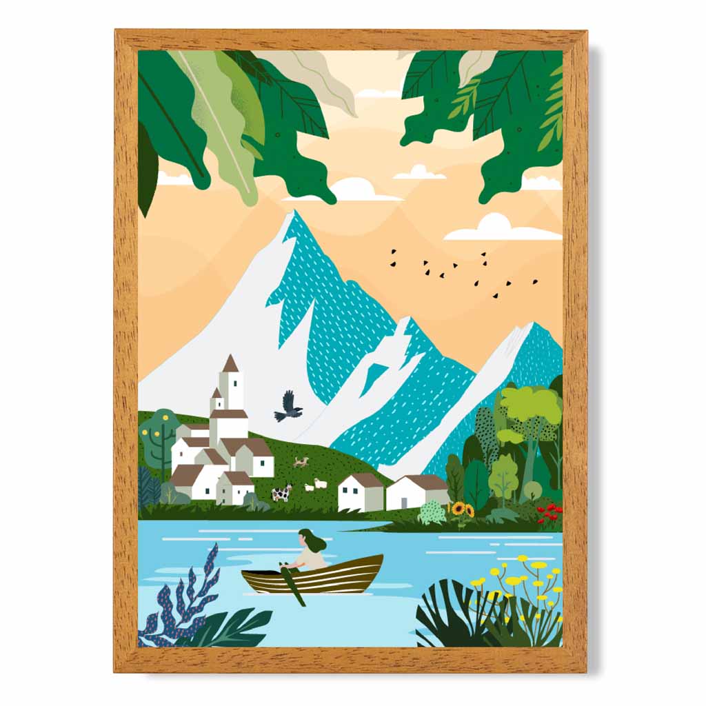 Graphical Modern Blue, Green Alpine Lake Art Poster | Wall Art Plaza