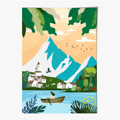 Graphical Modern Blue, Green Alpine Lake Art Poster | Wall Art Plaza