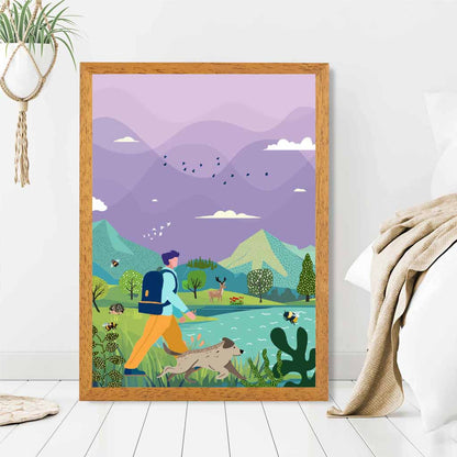 Boho Purple, Blue Hiking with Dog Art Print | Wall Art Plaza
