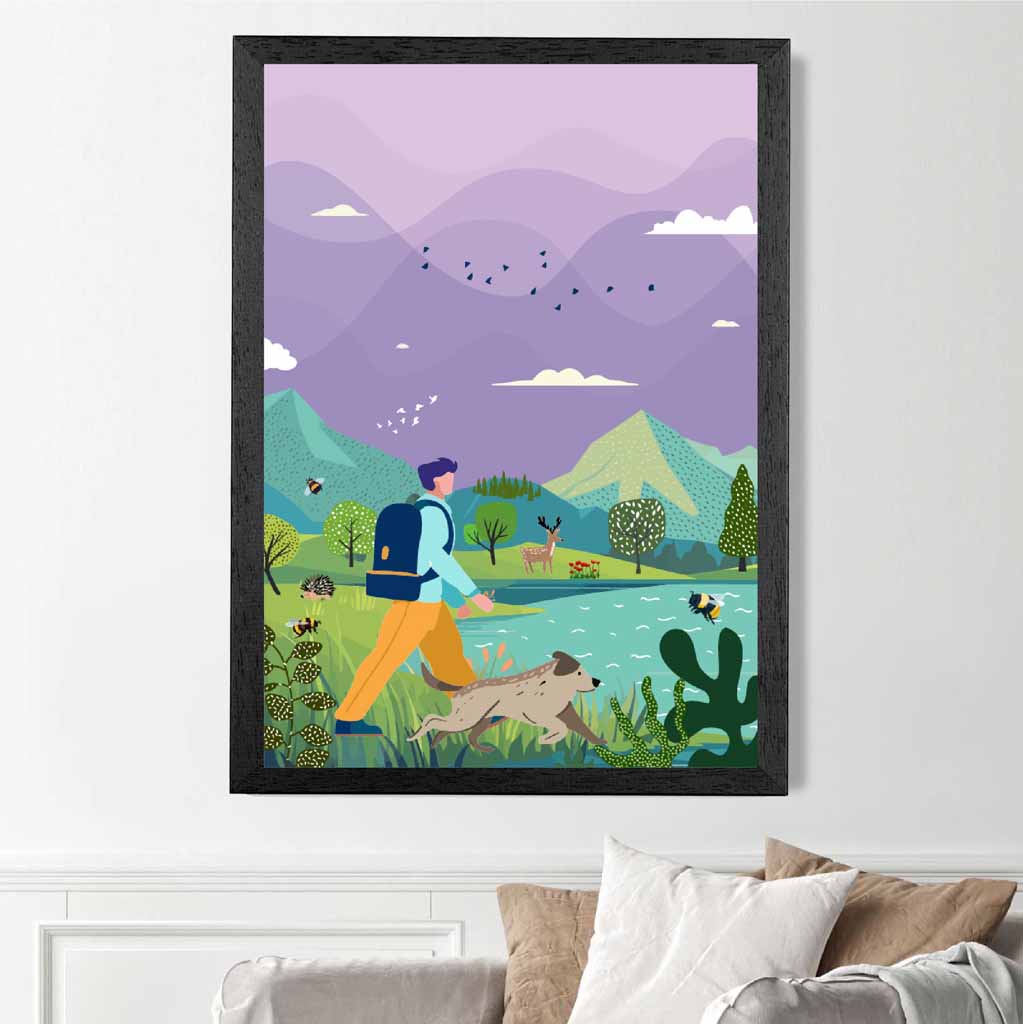 Boho Purple, Blue Hiking with Dog Art Print | Wall Art Plaza
