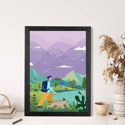 Boho Purple, Blue Hiking with Dog Art Print | Wall Art Plaza