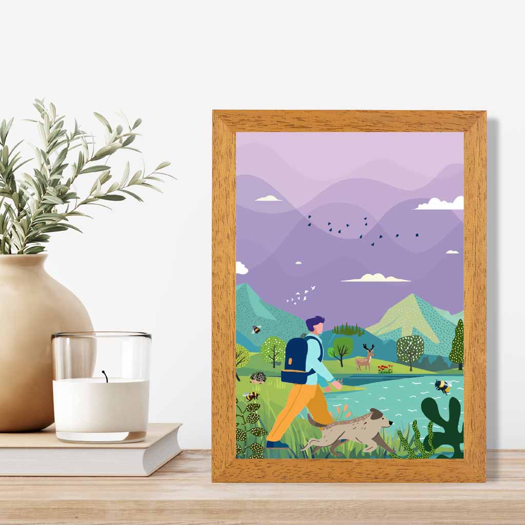 Boho Purple, Blue Hiking with Dog Art Print | Wall Art Plaza