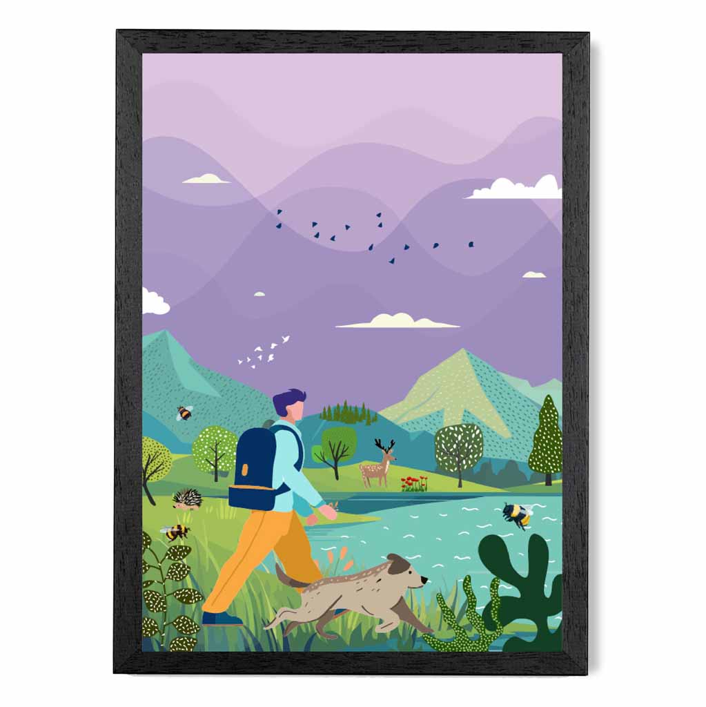 Boho Purple, Blue Hiking with Dog Art Print | Wall Art Plaza