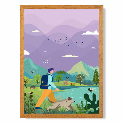Boho Purple, Blue Hiking with Dog Art Print | Wall Art Plaza
