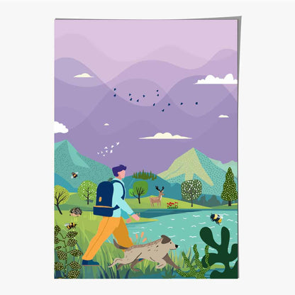 Boho Purple, Blue Hiking with Dog Art Print | Wall Art Plaza