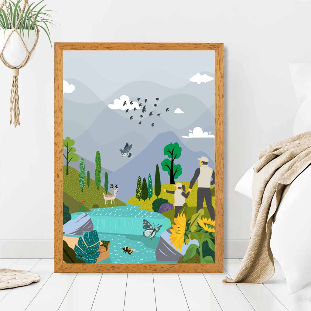 Graphical Grey, Blue Hiking with Child Art Poster | Wall Art Plaza