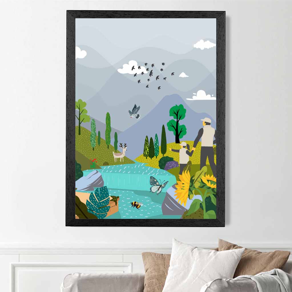 Graphical Grey, Blue Hiking with Child Art Poster | Wall Art Plaza