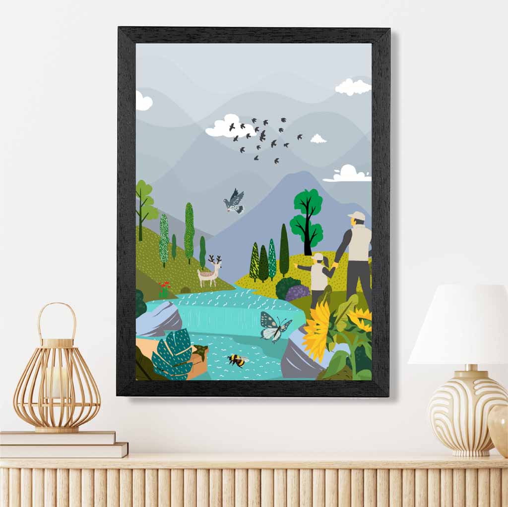 Graphical Grey, Blue Hiking with Child Art Poster | Wall Art Plaza