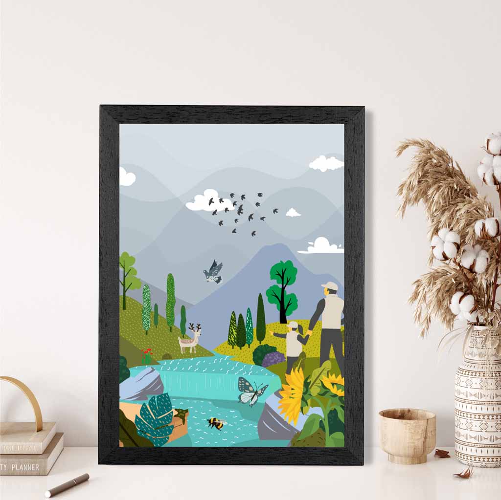 Graphical Grey, Blue Hiking with Child Art Poster | Wall Art Plaza