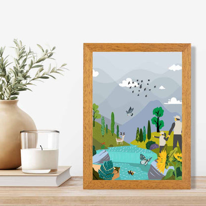 Graphical Grey, Blue Hiking with Child Art Poster | Wall Art Plaza