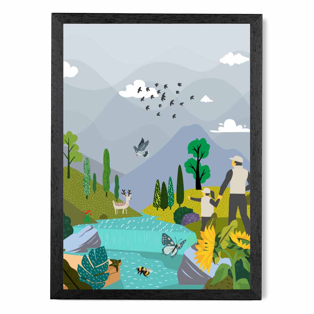 Graphical Grey, Blue Hiking with Child Art Poster | Wall Art Plaza