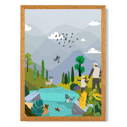 Graphical Grey, Blue Hiking with Child Art Poster | Wall Art Plaza