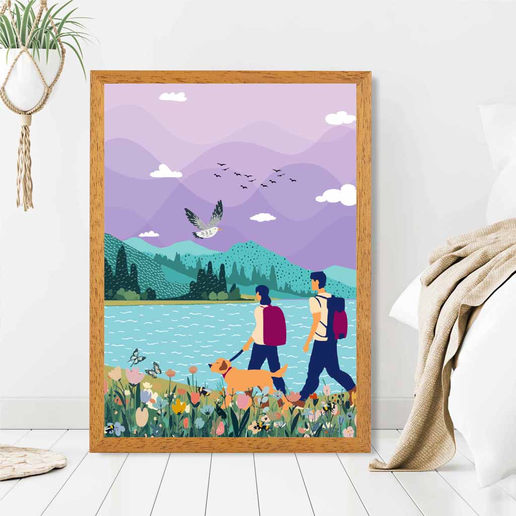 Modern Graphical Purple, Blue Hiking Couple Art Poster | Wall Art Plaza