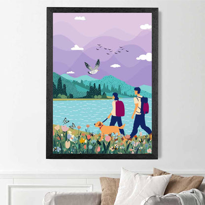 Modern Graphical Purple, Blue Hiking Couple Art Poster | Wall Art Plaza