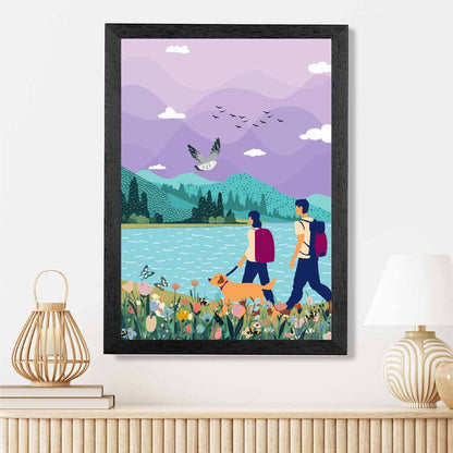 Modern Graphical Purple, Blue Hiking Couple Art Poster | Wall Art Plaza