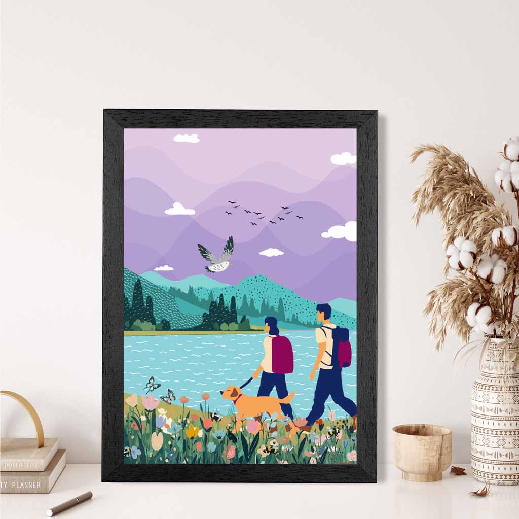 Modern Graphical Purple, Blue Hiking Couple Art Poster | Wall Art Plaza