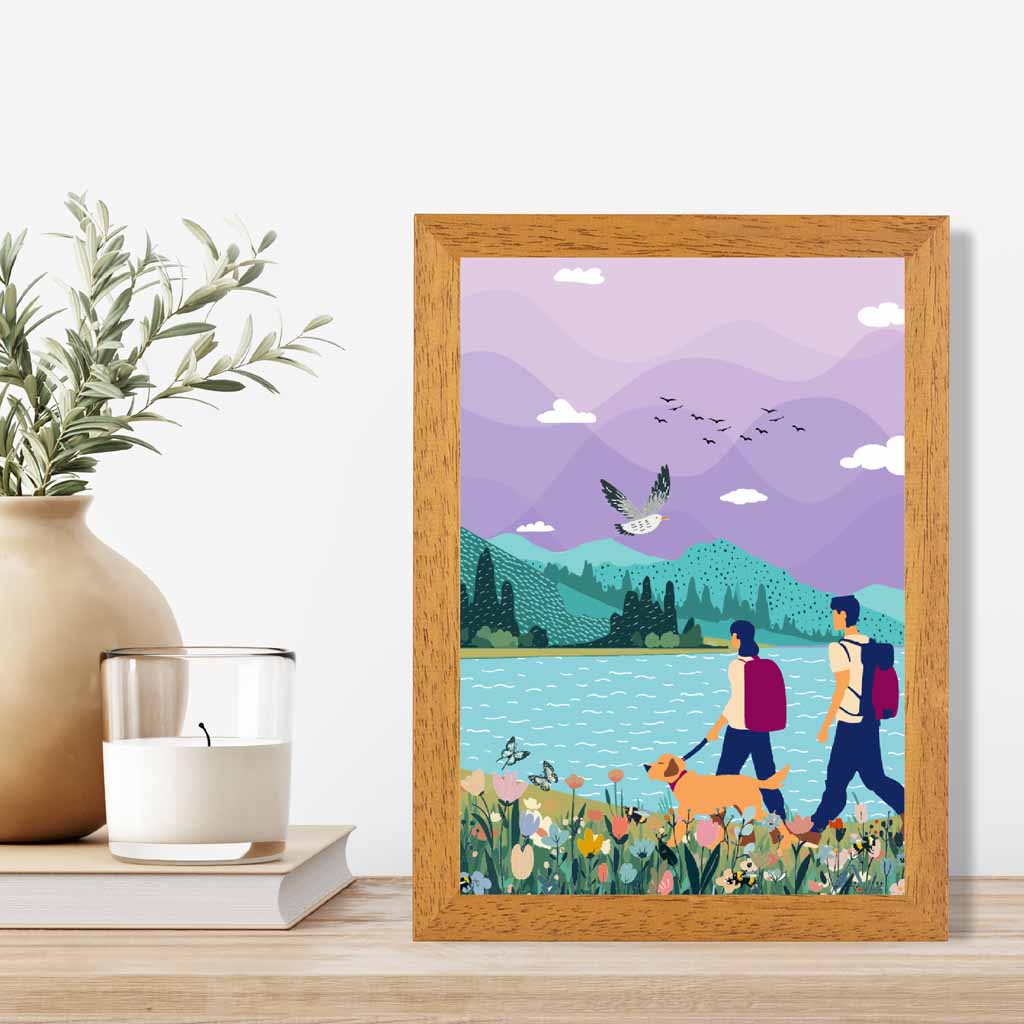 Modern Graphical Purple, Blue Hiking Couple Art Poster | Wall Art Plaza