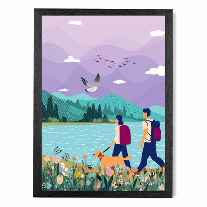 Modern Graphical Purple, Blue Hiking Couple Art Poster | Wall Art Plaza