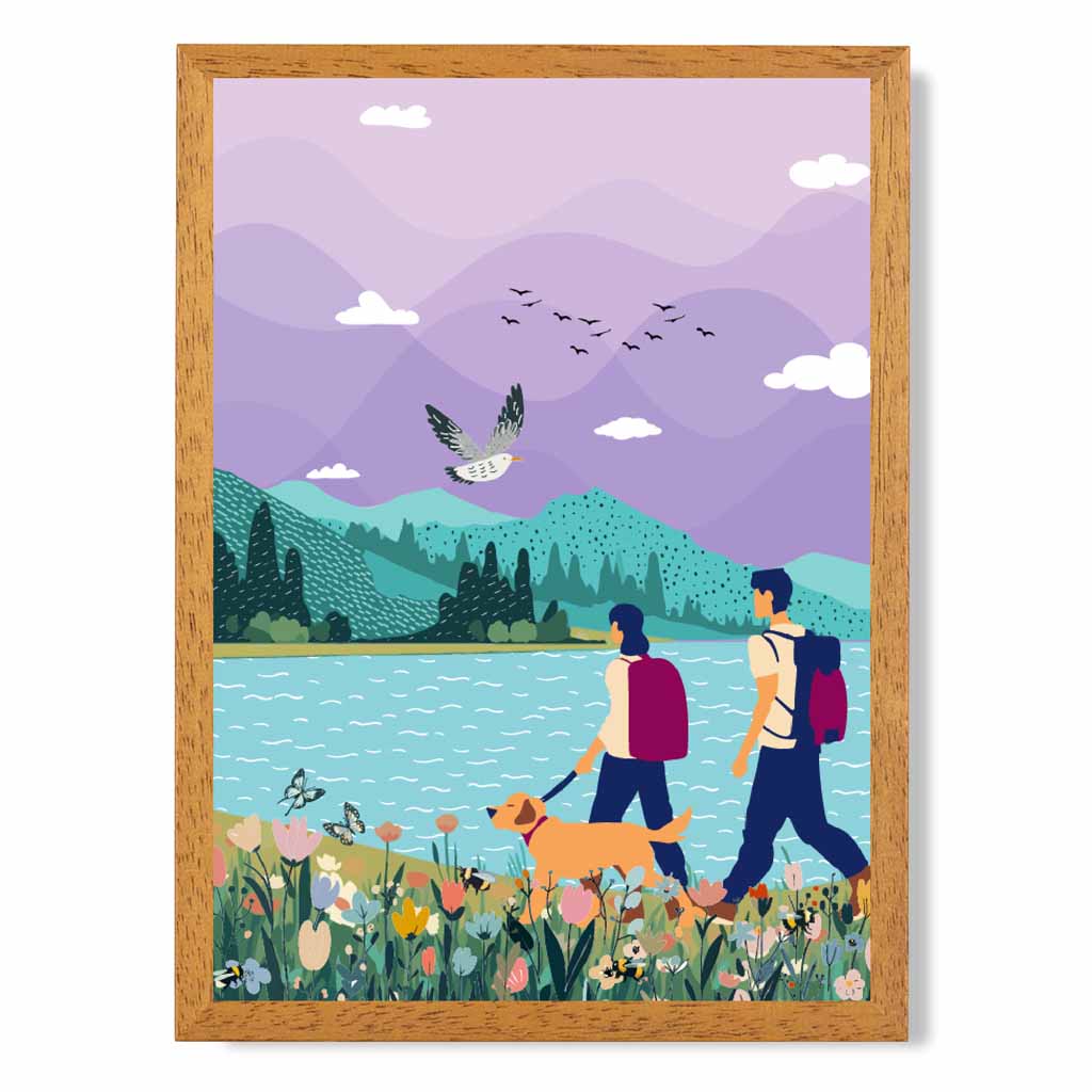 Modern Graphical Purple, Blue Hiking Couple Art Poster | Wall Art Plaza