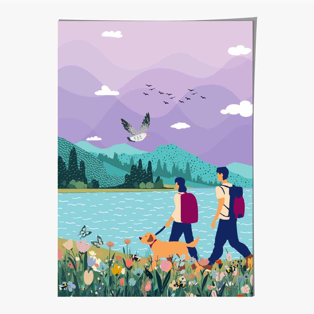 Modern Graphical Purple, Blue Hiking Couple Art Poster | Wall Art Plaza