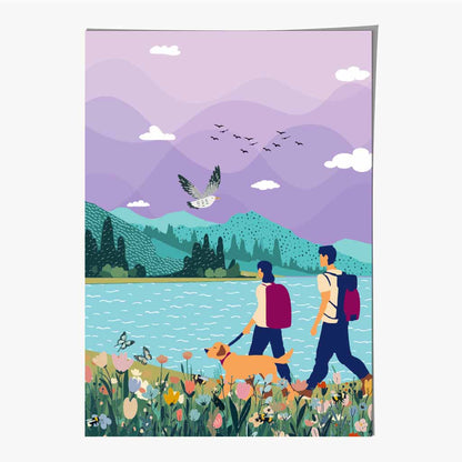 Modern Graphical Purple, Blue Hiking Couple Art Poster | Wall Art Plaza