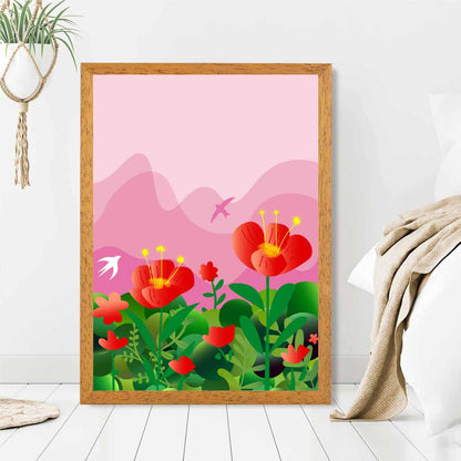 Graphical Modern Pink, Green Flowers and Birds No 1 Art Poster | Wall Art Plaza