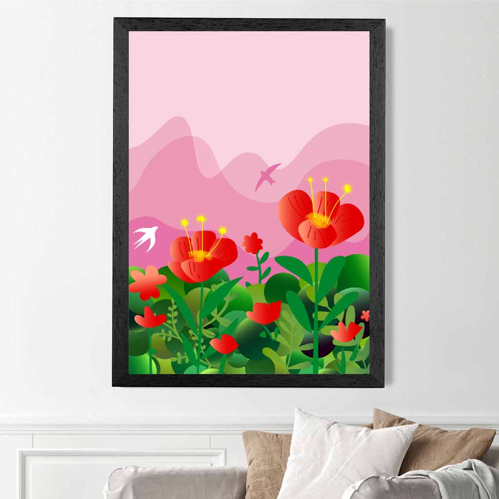 Graphical Modern Pink, Green Flowers and Birds No 1 Art Poster | Wall Art Plaza