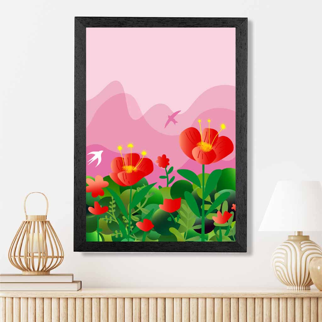 Graphical Modern Pink, Green Flowers and Birds No 1 Art Poster | Wall Art Plaza