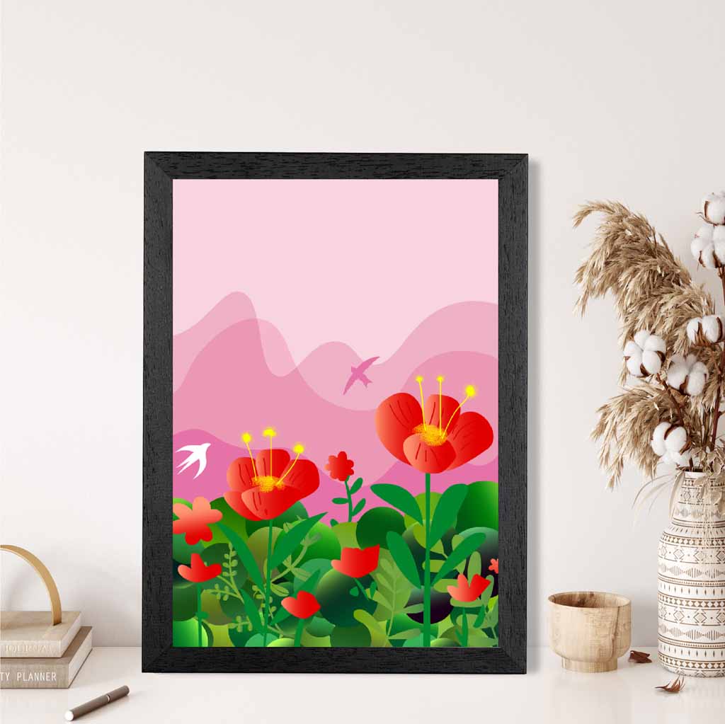 Graphical Modern Pink, Green Flowers and Birds No 1 Art Poster | Wall Art Plaza