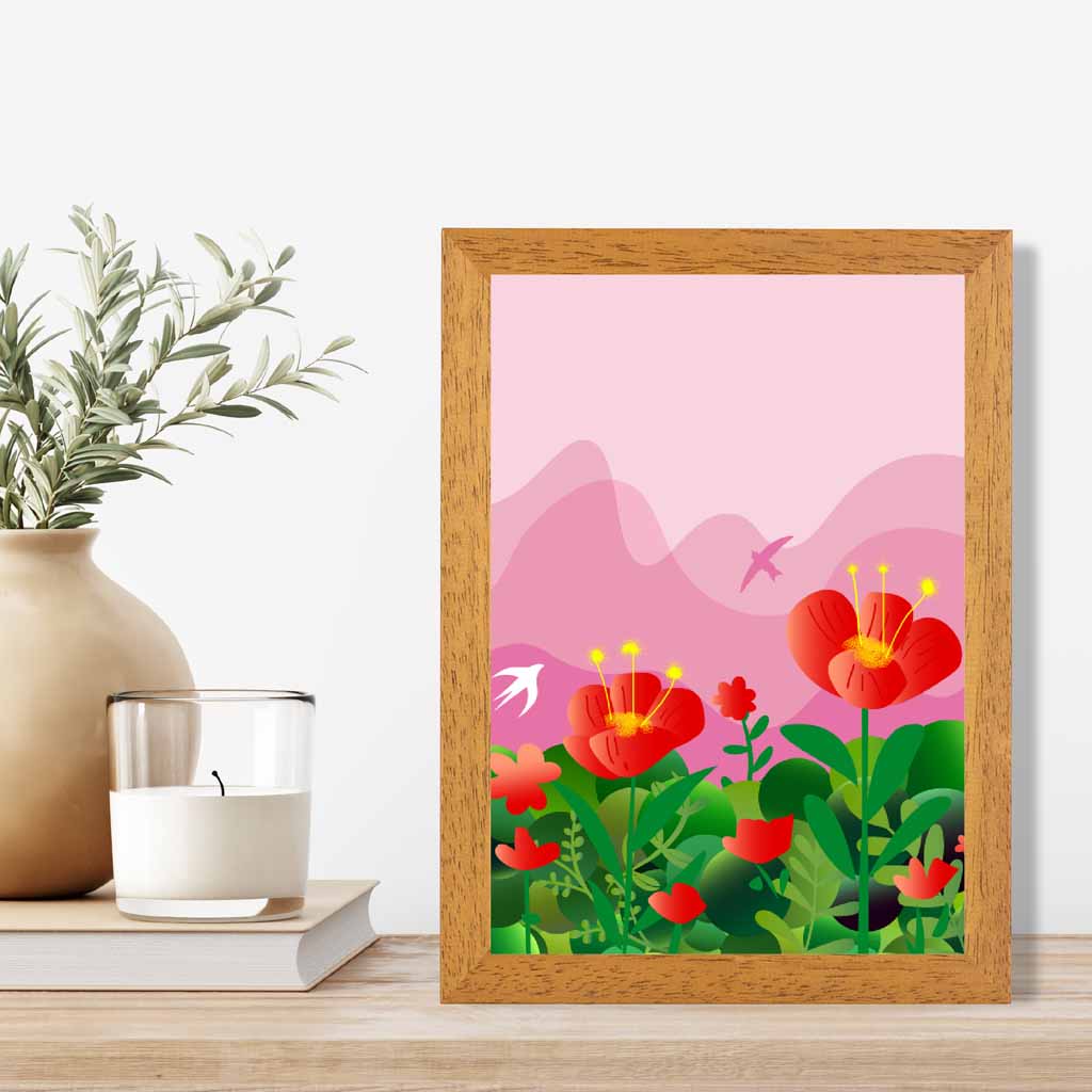 Graphical Modern Pink, Green Flowers and Birds No 1 Art Poster | Wall Art Plaza