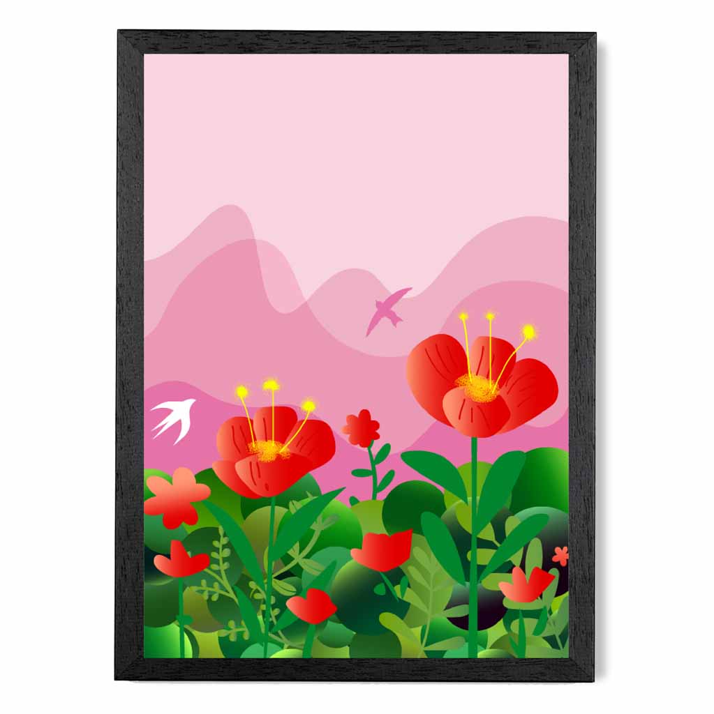 Graphical Modern Pink, Green Flowers and Birds No 1 Art Poster | Wall Art Plaza