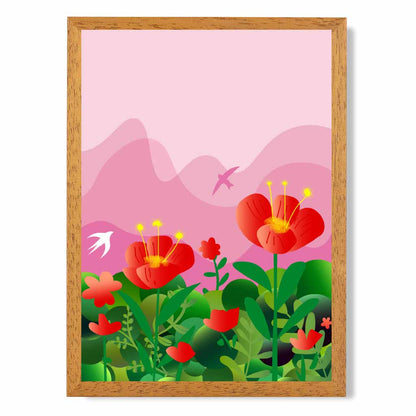 Graphical Modern Pink, Green Flowers and Birds No 1 Art Poster | Wall Art Plaza