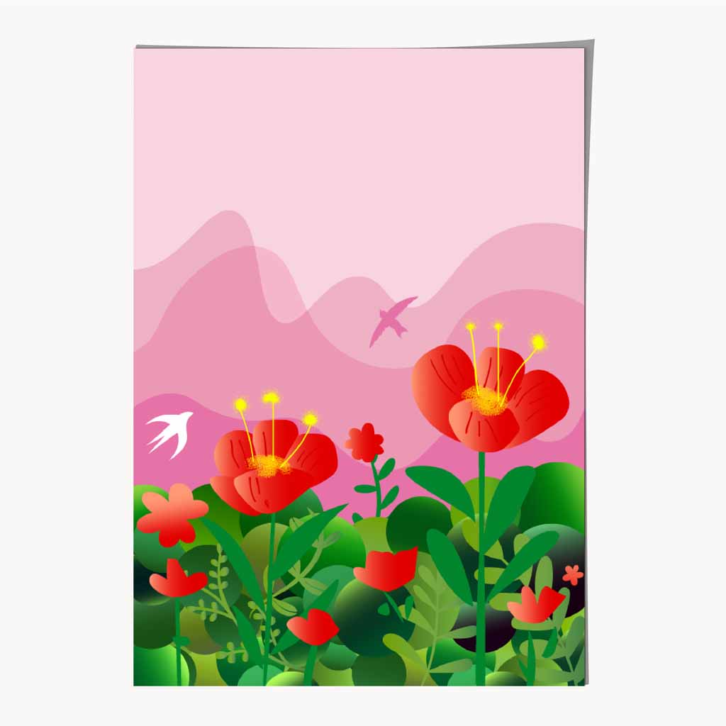 Graphical Modern Pink, Green Flowers and Birds No 1 Art Poster | Wall Art Plaza