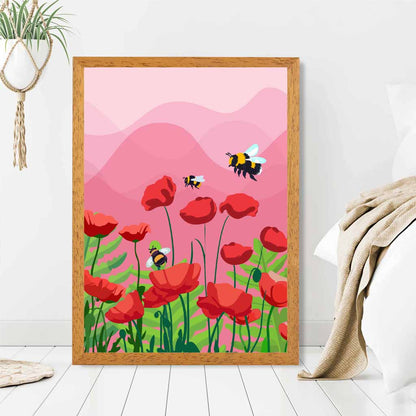 Quirky Modern Pink, Red Flowers and Bees Art Print | Wall Art Plaza