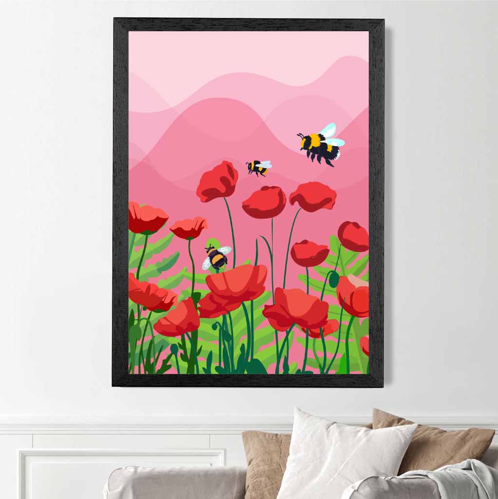 Quirky Modern Pink, Red Flowers and Bees Art Print | Wall Art Plaza