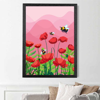 Quirky Modern Pink, Red Flowers and Bees Art Print | Wall Art Plaza