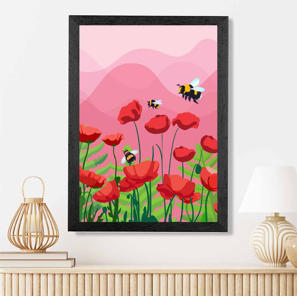 Quirky Modern Pink, Red Flowers and Bees Art Print | Wall Art Plaza