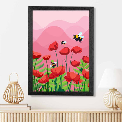 Quirky Modern Pink, Red Flowers and Bees Art Print | Wall Art Plaza