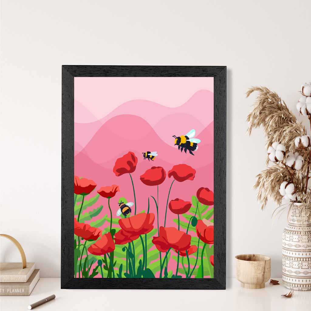 Quirky Modern Pink, Red Flowers and Bees Art Print | Wall Art Plaza